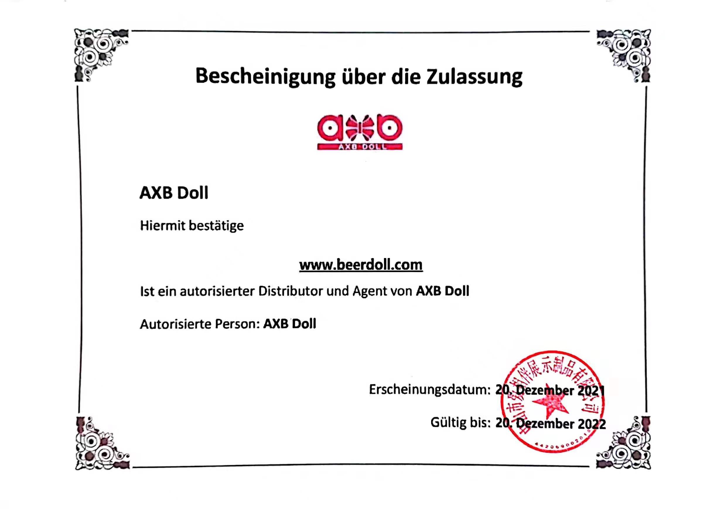 AXB Doll zertifikat